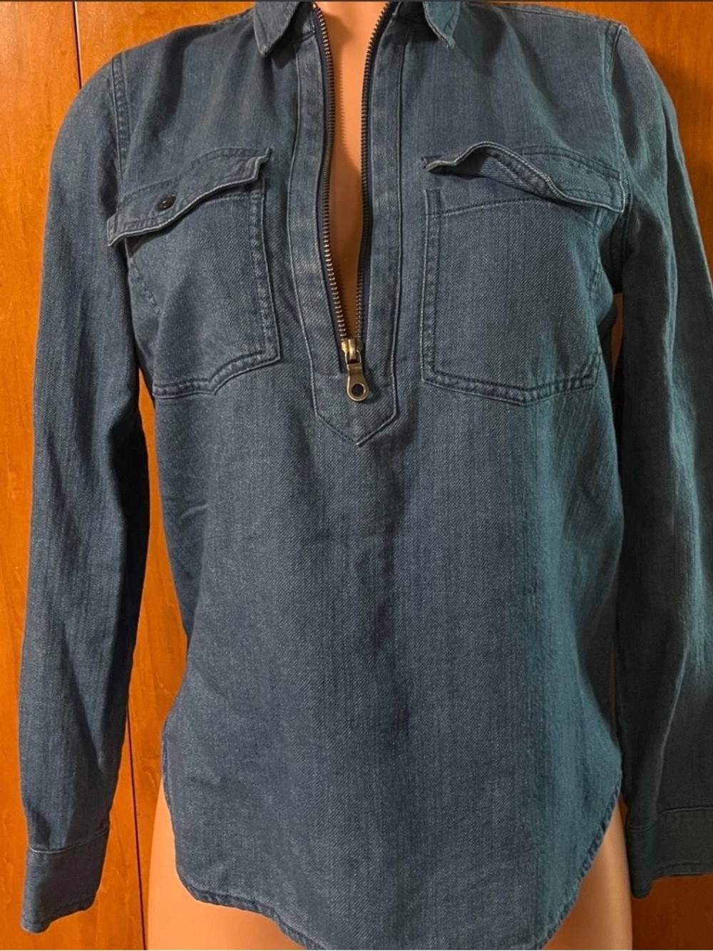 Madewell Women's Dark Blue Denim Pullover Shirt with Front Zip: Medium